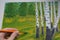 Painting picture nature landscape birches in the hand white background