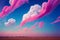 a painting of a pink cloud in the sky above a field of grass and trees in the distance is a blue sky with pink clouds