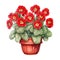 A painting of a potted plant with red flowers, primrose flower pot., primrose flower pot.