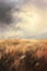 Painting of a prairie landscape and grasses. Grassland scenery in autumn, bird flying in the sky