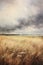 Painting of a prairie landscape and grasses. Grassland scenery in autumn, birds flying in overcast sky