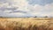 Painting of a prairie landscape and grasses. Grassland scenery and overcast sky in autumn