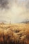 Painting of a prairie landscape and grasses. Grassland scenery and overcast sky in autumn