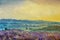 Painting purple field of wildflowers flower in foggy mountains at dawn sunset landscape