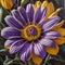 A painting of a purple and yellow flower, vibrant colors hyper realism. Beautiful picture of flowers.