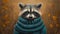 A painting of a raccoon wearing an ugly sweater and scarf, AI