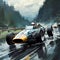 a painting of a race car in the rain on a road