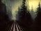 Painting of railroad in the forest, with sillhouette of tree. Generative a