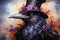 A painting of a raven wearing a top hat. Generative AI image. Halloween raven.