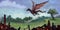 Painting of red dragon flying over a lush green field with charred building remains in foreground - digital fantasy art