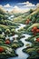 A painting of a river running through a lush green forest. AI.