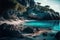 a painting of a rocky beach with blue water and trees on the shore of a lake with rocks and boulders