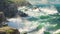 Painting of Rocky Coastline With Crashing Waves, Cliffs overlooking a turquoise sea with white, frothy waves crashing, AI