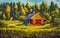 Painting rural village house, sunny landscape, summer landscape against the background of the forest