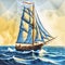 A painting of a sailboat in the ocean, Beautiful illustration of sailboat.