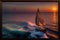 A Painting Of A Sailboat In The Ocean At Sunset. Generative AI