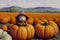 A Painting Of A Scarecrow In A Field Of Pumpkins. Generative AI