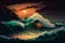 Painting seascape sea wave retrowave, creative digital illustration painting