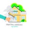 Painting Services Logo. Hand with a roller in yellow paint paints a beautiful house. House before and after painting.