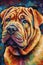 A painting of a Sharpei dog portrait on a colorful background