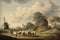 A painting of sheep in a field with a windmill in the background. Generative AI image.