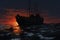 Painting of Ship in Ocean at Sunset, Small ship, sea, horror, dark, digital art, Disco Elysium, AI Generated