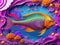 Painting showcases a breathtaking display of vibrant and colorful fish swimming amidst a stunning coral reef in various shades.
