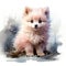 A painting of a small dog sitting on the ground. Digital image.