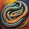 A painting of a snake curled up in a spiral. Beautiful picture of snak.
