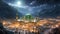 Painting of Snowy City at Night, Serene Winter Scene Captured on Canvas, the beautiful view of the city of Mecca and also the