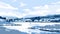 A painting of a snowy landscape with a lake. AI generative image. or a sea, Rugen island, Germany