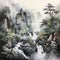 painting of steep mountain streams rocks and trees generative AI