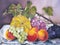 Painting of still life with fruits. Pumpkin, peaches, grapes.