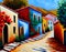 painting of a street of brightly painted houses in a traditional greek village in summer