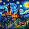 A painting of a stunning magic castle, in a starry nigh with moonlit, cute magic surrounded, dreamy, fantasy art, Van Gogh style