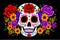 Painting Sugar Mexican Skull, Halloween Traditional Culture Colourful Skull, Day Of The Dead, AI Generative