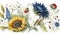 a painting of a sunflower and other flowers on a white background with blue berries and green leaves and a blue thistle and other