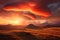 a painting of a sunset over a desert with a mountain in the distance and clouds in the sky with a red and orange hued sky