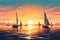 a painting of a sunset with sailboats in the water