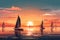 a painting of a sunset with sailboats in the water