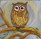 Painting of a surprised looking owl with big round eyes