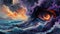 A painting of a swirling vortex in the ocean with purple and orange colors, AI