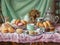 A painting of a table with a variety of pastries on it. AI generative image