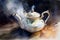 A painting of a teapot with steam coming out of it. AI generative image