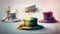 a painting of three hats with flowers on top of them. generative ai