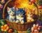 A painting of three kittens in a basket with flower. Beautiful picture of kittens.