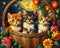 A painting of three kittens in a basket with flower. Beautiful picture of kittens.