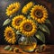 A painting of three sunflowers in a vase, yellow sunflowers.