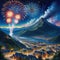 painting of town with fireworks display in the sky above it and mountain