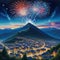 painting of town with fireworks display in the sky above it and mountain